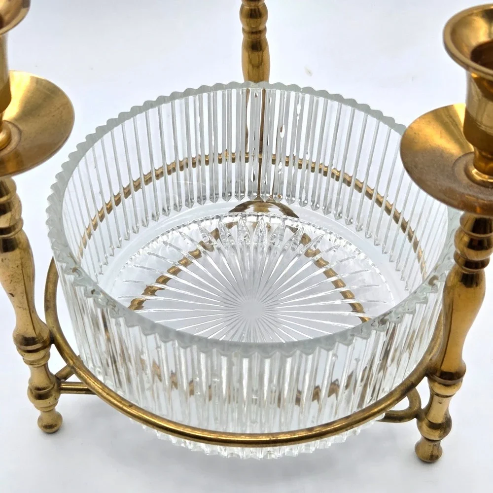VINTAGE Teleflora Triple 3 Brass Candleholder Ribbed Glass Centerpiece Vase Dish